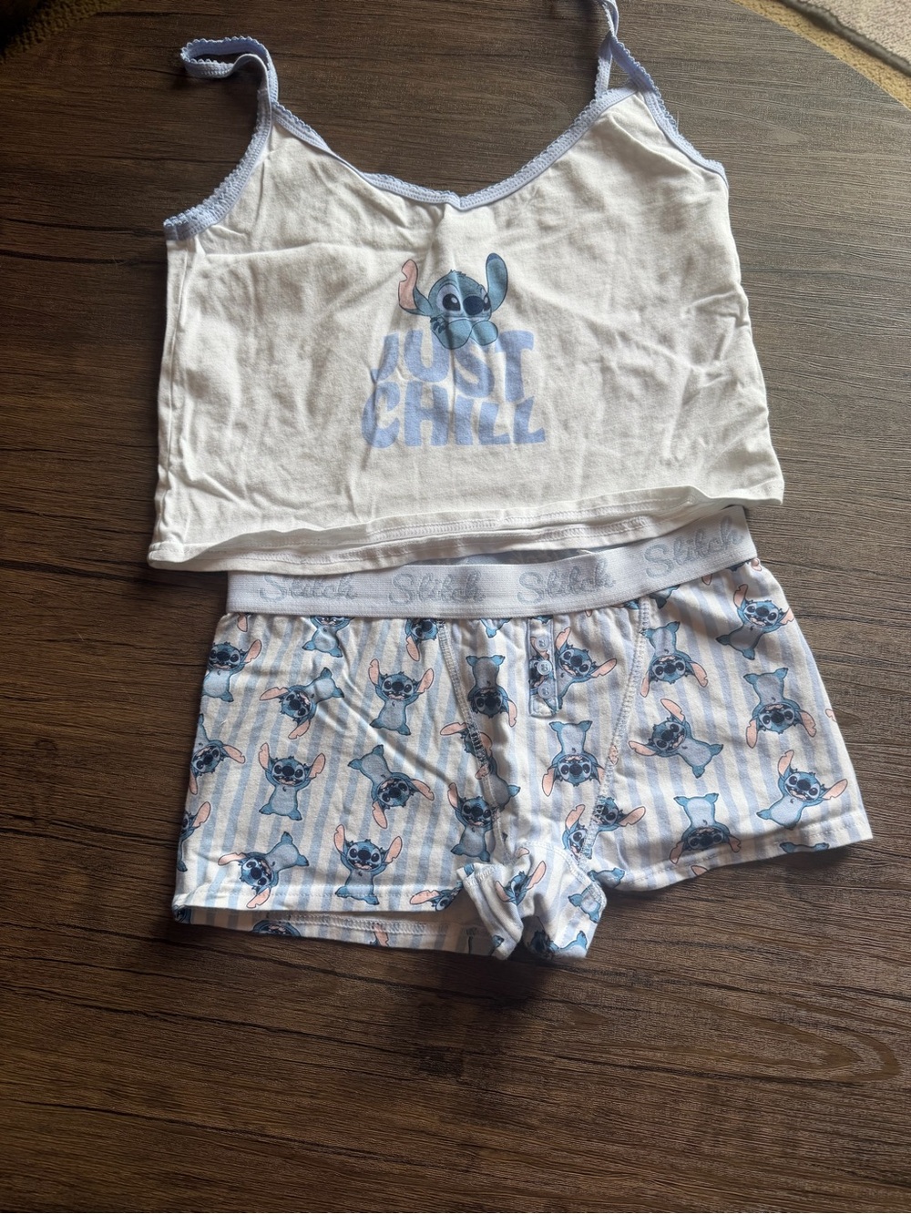Women's Stitch 'Just Chill' Crop Tank & Boxer Shorts PJ Set - White & Light Blue